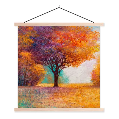 Produktbild von MuchoWow® Textilposter Ölgemälde - Baum - Farben 120x120 cm mit holzfarbenen Rahmen - Textil-Poster