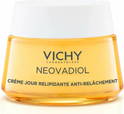 A product shot of a jar of Vichy Neovadiol cream against a white background.