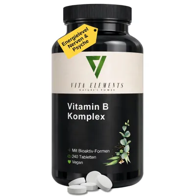Vitamin B Komplex Tabletten (240 Stück) mit bioaktiven Formen und Vitamin B12, vegan.