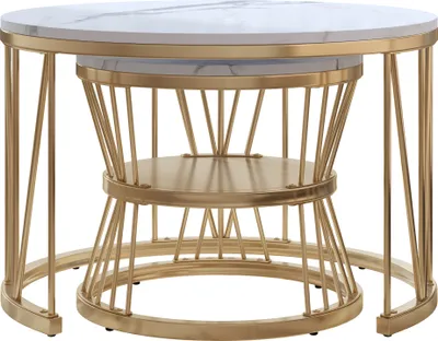 Produktbild von CDGlobal Couchtisch 2er Set Satztisch Runder Beistelltisch mit Marmormuster, Kaffeetisch Wohnzimmertisch Industrial Sofatisch, 1,5 cm Platte, Weiß