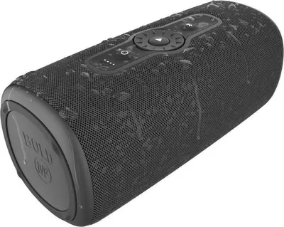 A black portable speaker with water droplets on its surface, shown at an angle.