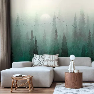 Produktbild von Vlies Fototapete - Bird's eye perspective - landscape of a green forest with trees in the mist 150x105 cm Landschaften c-C-10014-a-a