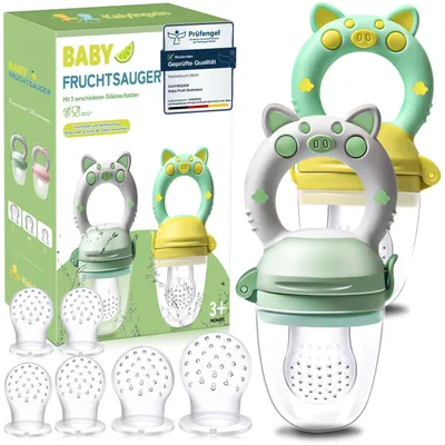 Obrázok produktu pre Dudlíky na ovocie pre bábätká, 2 kusy, vhodné od 3 mesiacov, bez BPA, zelené a žlté, 8 silikónových cumlíkov, 3 veľkosti