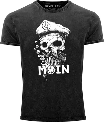 Produktbild von Herren Vintage Shirt Moin Kapitän Totenkopf Anker Bart Hamburg Printshirt T-Shirt Aufdruck Used Look Neverless® schwarz S