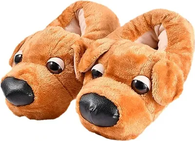 A pair of brown plush dog slippers.