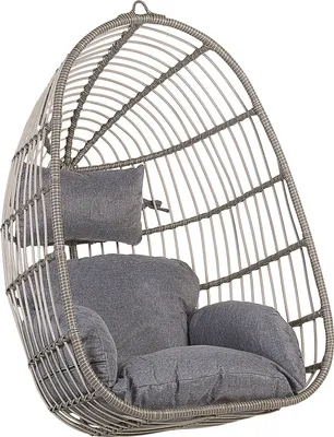 Zdjęcie produktu dla BELIANI Fotel wiszący szary rattanowy bujany jajo podwieszany z poduchami styl boho