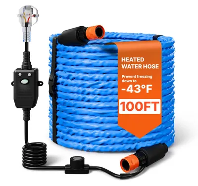 Obrázek produktu pro VEVOR Ohřívaný hadice na vodu pro karavany, délka 30,48 m, hadice na pitnou vodu pro mytí a sprchování, s termostatem, ochrana proti mrazu do -43 °C, jistič chybového proudu, vlnitá povrchová struktura, vnitřní průměr 16 mm