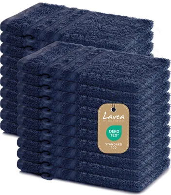 Produktbild von Lavea® 20er Waschhandschuh Set Elena, 100% Baumwolle Frottee, Waschlappen saugstark & weich, für Körper und Gesicht, 60 °C, trocknergeeignet, Navy, 15 x 21 cm