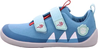 A side view of a blue children's shoe with velcro straps.
