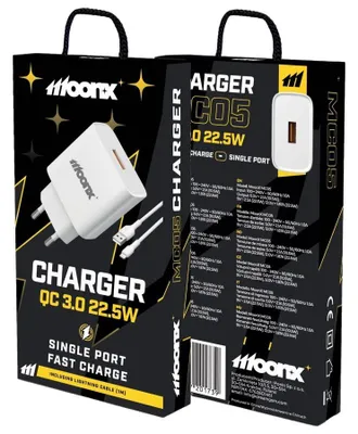 Zdjęcie produktu dla Moonx Ładowarka Sieciowa Mc05 22,5W 1Xusb Qc3.0 + Kabel Lightning Biały