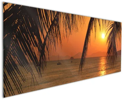 Produktbild von Wallario Küchenrückwand aus Glas, Größe: 125 x 50 cm, Motiv: Sonnenuntergang unter Palmenblättern | Spritzschutz | abwischbar | pflegeleicht | in