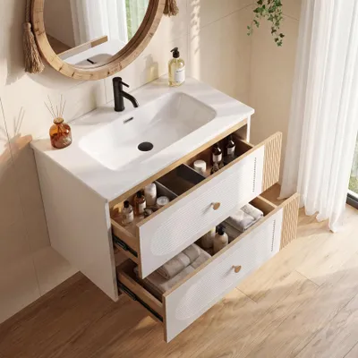 Produktbild von Waschtisch Waschtischunterschrank mit Keramik waschbecken 60 cm, Weiß, Wandmontiert, 2 Schubladen, Helles Eichenholz-Optik