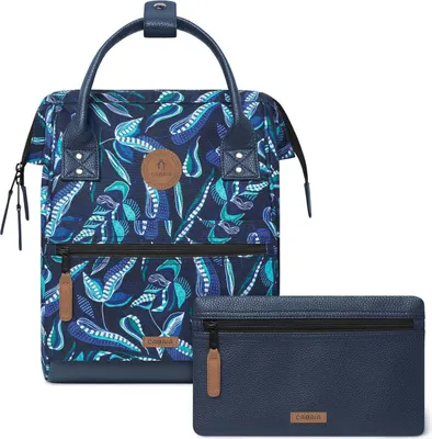 A backpack and a pouch are displayed against a white background.