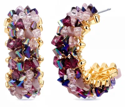 Produktbild von Amethyst Boho Kristall Ohrringe mit Facettierten Glasperlen Goldfarbene C-Creolen,Handgefertigte Halbcreolen Party und Freizeit für Damen