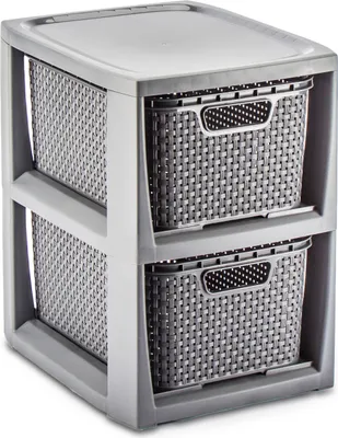 A grey plastic storage unit with two woven-style drawers.