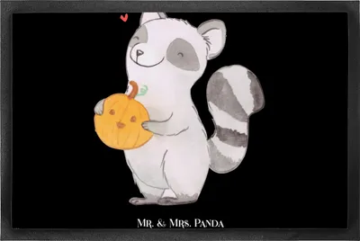 Produktbild von Mr. & Mrs. Panda Fußabstreifer Waschbär Kürbis 50 x 75 cm - Schwarz - Geschenk, Trick Or Treat, Sauberlaufmatte, Süßes Sonst Gibt's Saures, Schuhabstreifer, Fussmatte