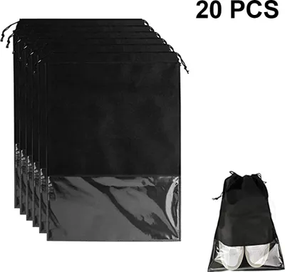 Produktbild von 20er Schuhbeutel, Wasserabweisend Schuhtasche Staubdicht Schuhsack Stoffbeutel mit Zugband/Transparente Fenste, Ideal für Reisen oder Zuhause-Aufbewahrung, 32 * 44cm(Schwarz)