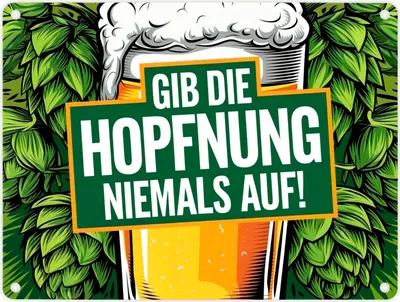Produktbild von Bierglas mit Hopfen Metallschild in 15x20 cm - Gib die Hopfnung niemals auf