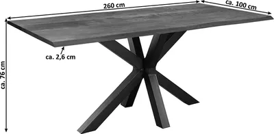 Produktbild von Baumkantentisch 260 x 100 cm Spyro, Akazienholz nussbaumfarben & massiv, Esszimmertisch mit mattschwarzem Spider-Metallgestell, Platte 26 mm