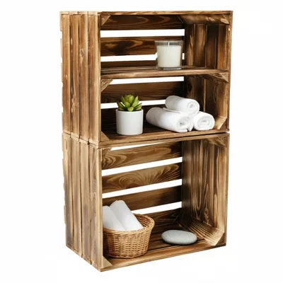 Two wooden crates stacked vertically, with items placed on the shelves.