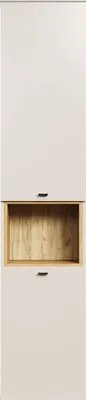 A tall, narrow cabinet with two white doors and a wooden open shelf in the middle.