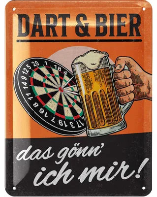Produktbild von LANOLU Retro Blechschild Dart und Bier, Bar und Partykeller Dekoration, Irish Pub Deko, Darts Schild, Bardeko, vintage Metallschild 15x20cm