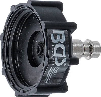A close-up studio shot of a black and silver automotive tool adapter.