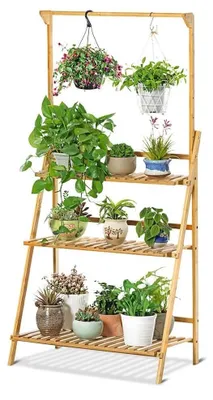 Imagen del producto de Estantería para plantas, diseño plegable, tres niveles de almacenamiento, color natural de madera