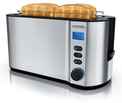Obrázok produktu pre Arendo hriankovač na 4 plátky, hriankovač s dlhou štrbinou, dlhá štrbina, nerezová oceľ, 1500 W, displej s ukazovateľom zostávajúceho času, horná časť na pečenie chleba, funkcia rozmrazovania, tepelne izolačný kryt, strieborná