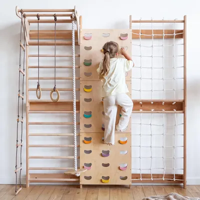 Produktbild von Goodevas Klettergerüst Wandmontage: Montessori Holz-Spielplatz mit Sprossenwand, Kletterwand, Kletternetz, Schaukel & Monkeybars