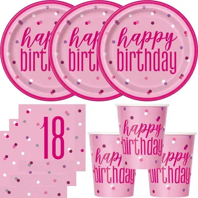 Produktbild von 18. Geburtstag Partyset Einweggeschirr rosa pink 48 tlg. Partygeschirr Teller Becher Servietten