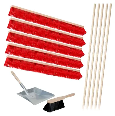 Produktbild von 10-teiliges Set, 5 Straßenbesen mit einer Länge von 1000 mm, 5 Besenstiele und 1 Kehr-Set