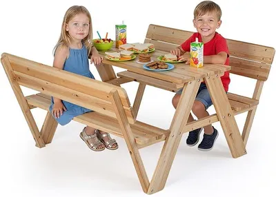 Produktbild von Kinder Picknicktisch, Kindersitzgruppe Outdoor mit Tisch & 2 Sitzbänken, Kindersitzgarnitur Garten für bis zu 4 Kinder, Sitzgruppe Gartenmöbel aus Holz für Jungen & Mädchen ab 3 Jahren