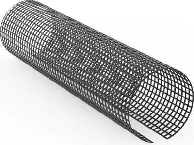 A black mesh tube, likely a gutter guard, is shown against a white background.