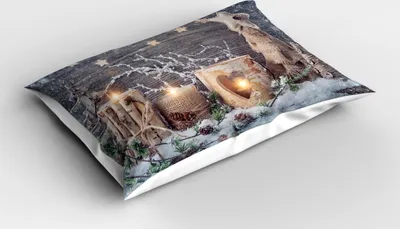 Obrázok produktu pre ABAKUHAUS Vianočný obliečok na vankúš, sviečka Zimná sviatočná tematická kompozícia so snehom a jedľovými lístkami, 40 x 80 cm, khaki a sivá