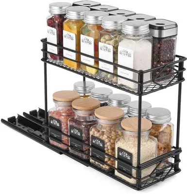 Productafbeelding van Unyqoos® Uittrekbaar keuken- en kruidenrek, 2-laags, zwart, roestvrij staal, 26×11×22 – 41×11×22 cm, ruimtebesparende opbergoplossing voor kruiden en keukengerei