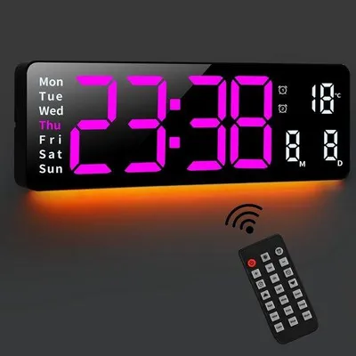 Obrázek produktu pro 16" digitální nástěnné hodiny, 8 barev, LED, noční osvětlení, dálkové ovládání, časovač, datum, teplota, obývací pokoj, kancelář