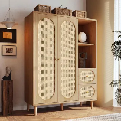 Produktbild von Landhausstil Kleiderschrank mit Kleiderstange und Schubladen, Eiche Holz, ideal für Schlafzimmer & Flur, einfacher Aufbau, zeitloses Design 161x120x44 cm