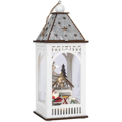 Produktbild von Konstsmide LED drevený lampáš s domčekom, biely, 6h časovač, 8 teplých bielych diód, napájaný batériami, vnútorný, batérie: 2 x AA 1,5V (bez) - 3270-210