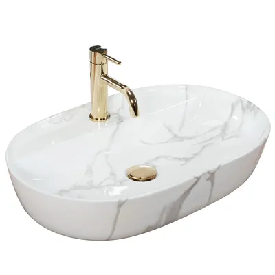 Produktbild von VBChome Waschbecken 61 x 41 cm Keramik Weiß-Marmormuster Oval mit Hahnloch Aufsatzwaschbecken