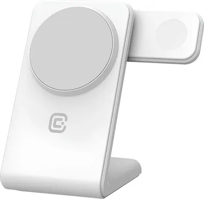 A white 3-in-1 wireless charger for iPhone, Apple Watch, and AirPods.