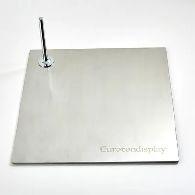 Produktbild von FB Silber gebürstet Eurotondisplay Metallplatte für Schaufensterpuppen schwarz Matt lackiert oder Silber gebürstetes Metall 38x38 cm 4,5 kg. Mit Fußdorn…