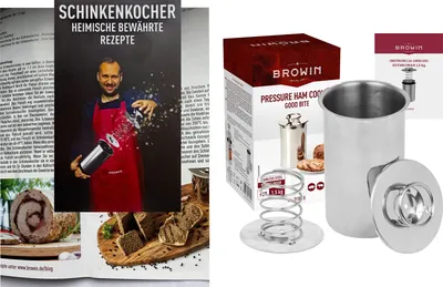 A collage of images showing a cookbook, a ham cooker product, and food items.