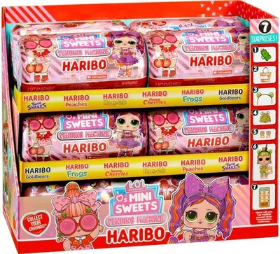 A display box of LOL Surprise Mini Sweets Haribo vending machine toys.