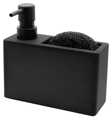 Obrázok produktu pre Dávkovač mydla, čierny matný, s možnosťou doplnenia, 320 ml, s hubkou – 16 x 10 cm – dizajnový dávkovač s pumpičkou na tekuté mydlo s držiakom na hubku