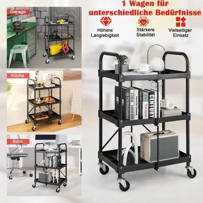 Obrázok produktu pre Vozík na náradie 3-úrovňový skladací vozík na kolieskach 61 x 44 x 96 cm čierny