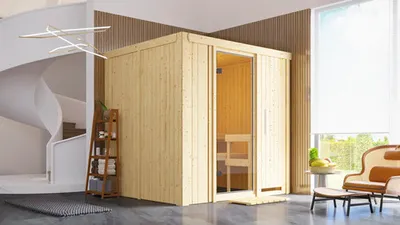 Produktbild von Elementsauna Karibu Sodina ohne Ofen und Dachkranz mit Ganzglastüre aus Klarglas