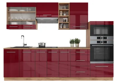 Produktbild von Küchenzeile Vicco Fame-Line Bordeaux Hochglanz/Goldkraft Eiche 280 cm ohne Arbeitsplatte, Model 38694