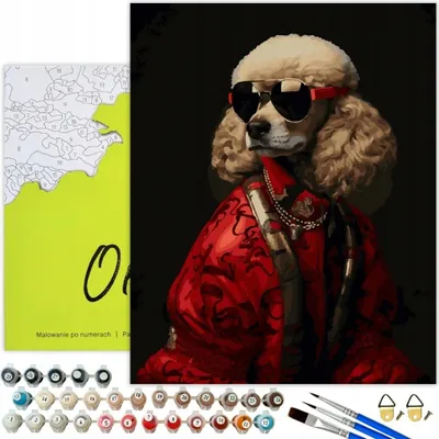 Zdjęcie produktu dla Oh Art! Painting by Numbers Animals - Stylowy pudel 50x40 cm czarne płótno, 27 kolorów w zestawie z pędzlami, farbami akrylowymi i kompletem akcesoriów