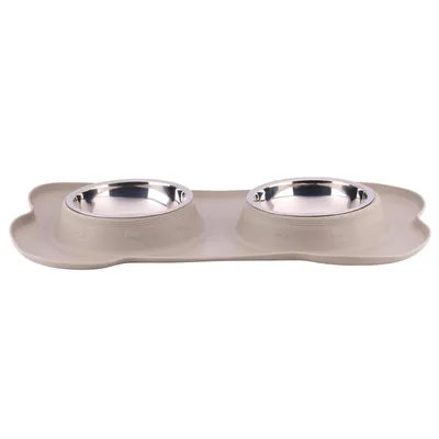 Produktbild von Futternapf mit Unterlage für Hunde und Katzen - Futterstation mit 2 Edelstahlnäpfen je 400 ml Silikon-Napfunterlage 47 x 27 x 4 cm